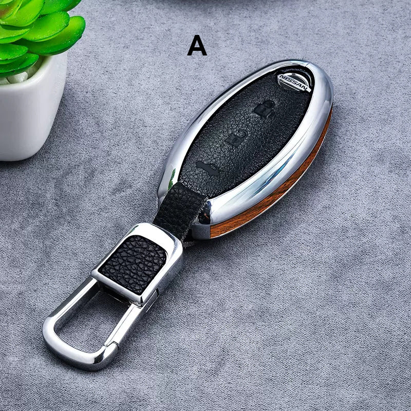 Nissan Alloy + Leather + Carbon Fiber / Solid Wood Leather Car Key Case (3/4 buttons)