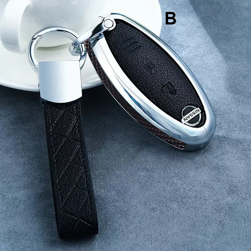 Nissan Alloy + Leather + Carbon Fiber / Solid Wood Leather Car Key Case (3/4 buttons)