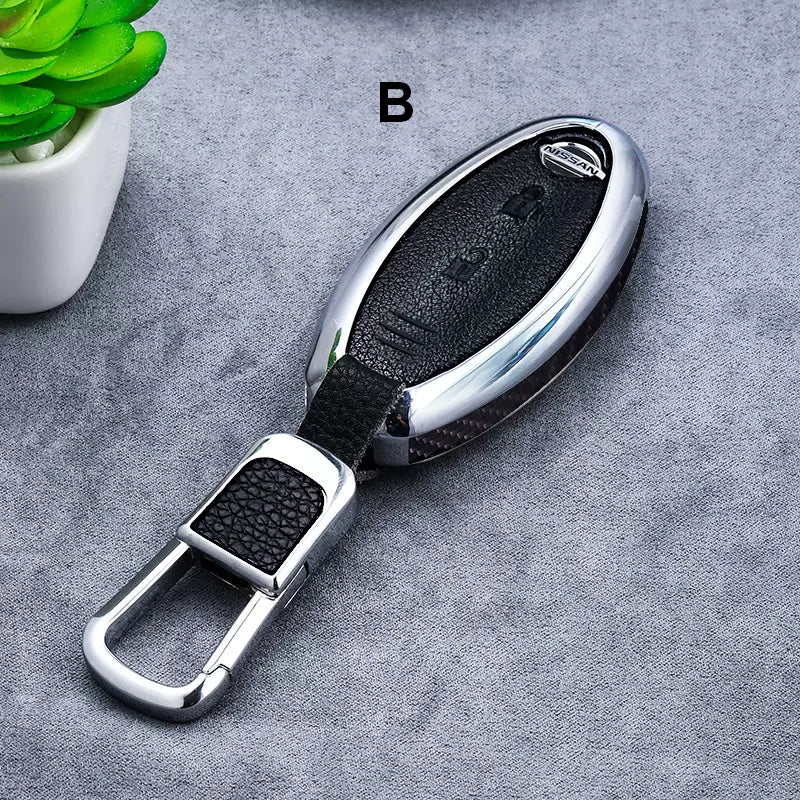 Nissan Alloy + Leather + Carbon Fiber / Solid Wood Leather Car Key Case (3/4 buttons)