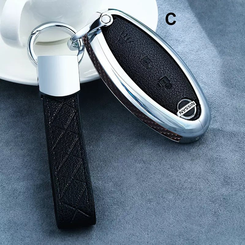 Nissan Alloy + Leather + Carbon Fiber / Solid Wood Leather Car Key Case (3/4 buttons)