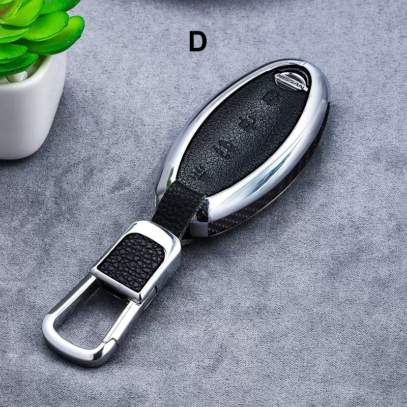 Nissan Alloy + Leather + Carbon Fiber / Solid Wood Leather Car Key Case (3/4 buttons)