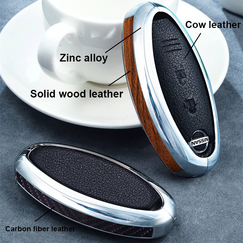 Nissan Alloy + Leather + Carbon Fiber / Solid Wood Leather Car Key Case (3/4 buttons)