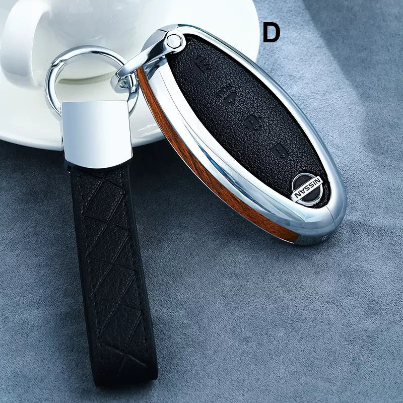 Nissan Alloy + Leather + Carbon Fiber / Solid Wood Leather Car Key Case (3/4 buttons)