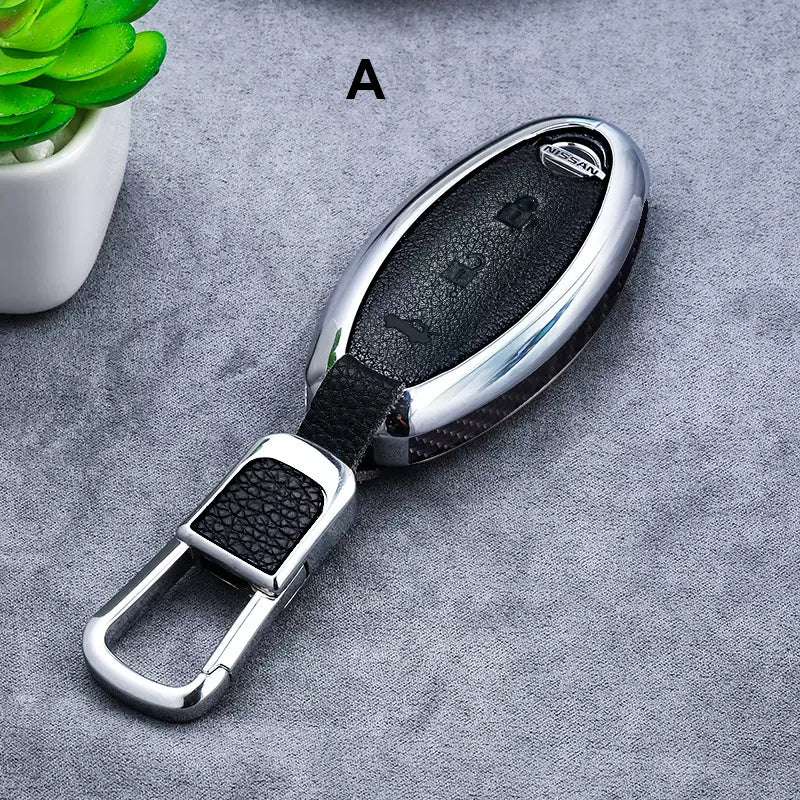 Nissan Alloy + Leather + Carbon Fiber / Solid Wood Leather Car Key Case (3/4 buttons)