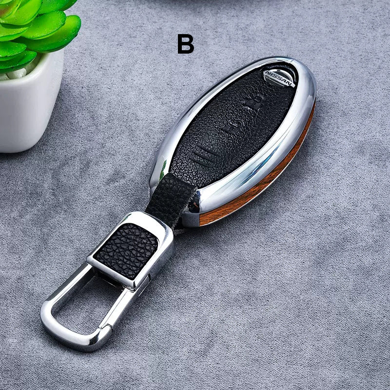 Nissan Alloy + Leather + Carbon Fiber / Solid Wood Leather Car Key Case (3/4 buttons)