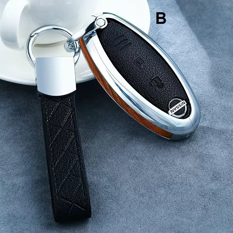 Nissan Alloy + Leather + Carbon Fiber / Solid Wood Leather Car Key Case (3/4 buttons)